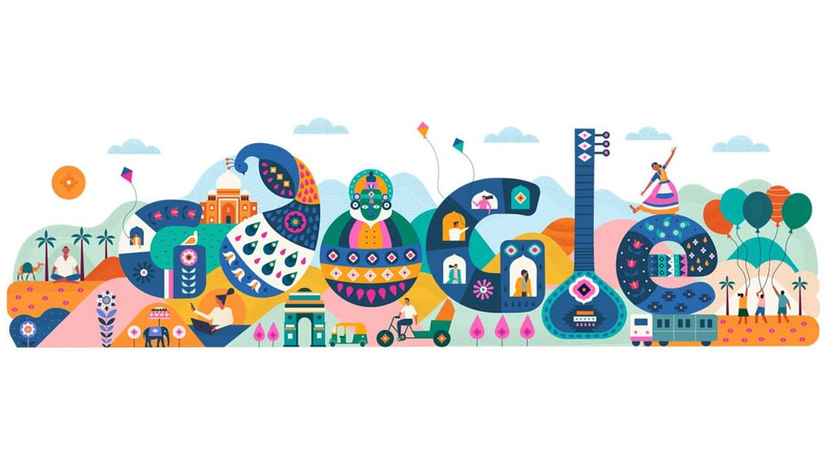 In 2020, Google dedicated a special doodle to mark the 71st Republic Day, which captured the country's vibrant diversity, rich sartorial and cultural heritage as well as beautiful bio-diversity. The multi-hued doodle, with a dominant blue tone, depicts iconic monuments interspersed with images of famous music instruments and dance forms. Credit: Google Photo