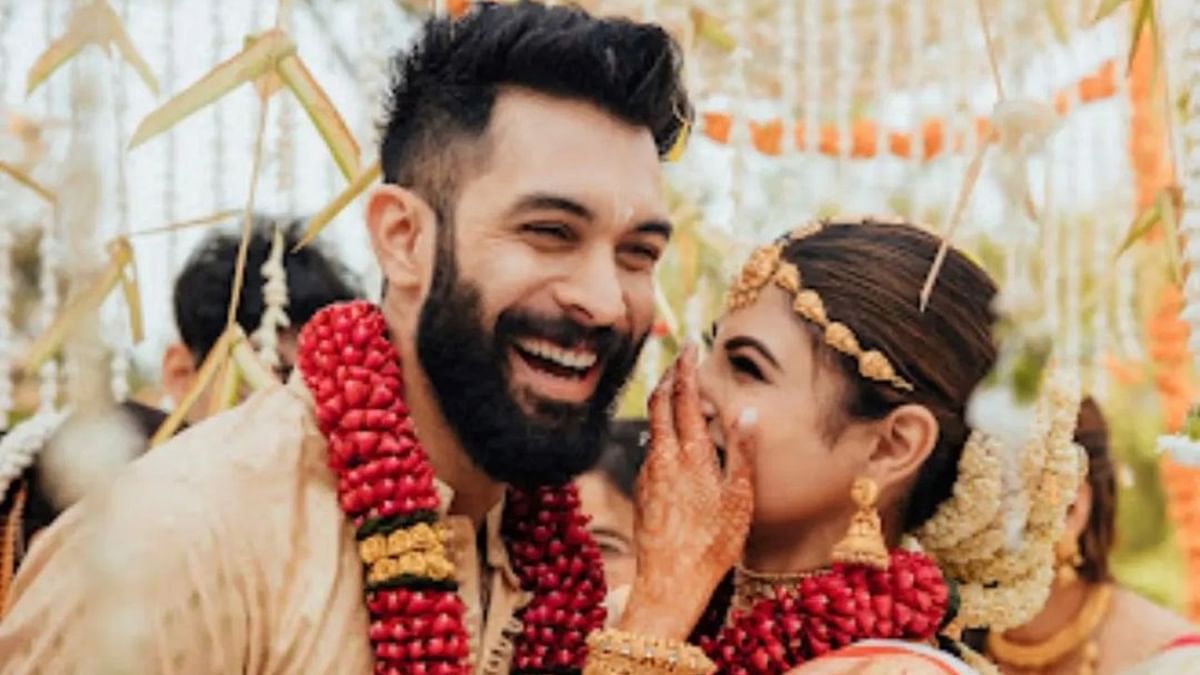 Newlyweds Suraj and Mouni are all smiles in this priceless click. Credit: Instagram/nambiar13
