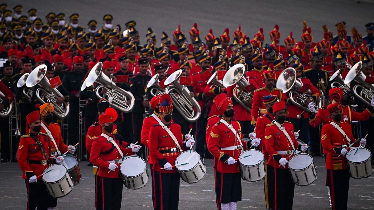 Marching bands from the Indian Army, Navy and Air Force perform during the full dress rehearsals for the upcoming 'Beating Retreat' ceremony in New Delhi. Credit: AFP Photo
