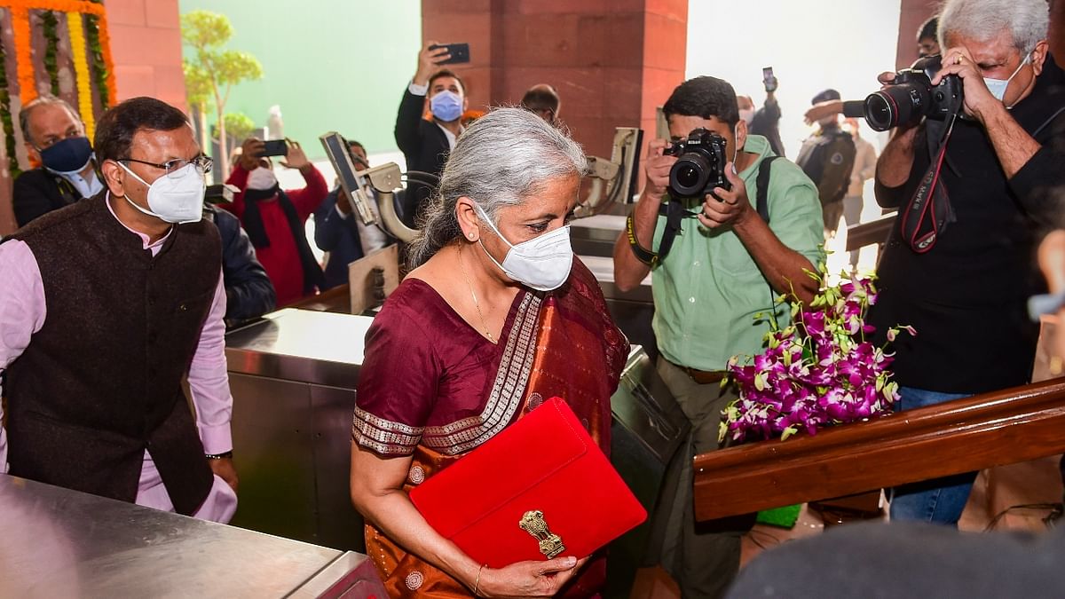 Finance Minister Nirmala Sitharaman arrived at the Parliament to present the Union Budget 2022-23 in Lok Sabha. Credit: PTI Photo