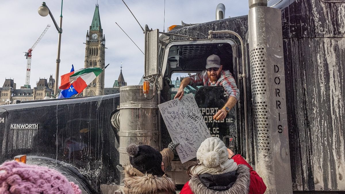The protest is part of 'Freedom Convoy 2022', which started out as a rally of truckers against the requirement that Canadian truck drivers crossing the border into the US be fully vaccinated as of mid-January. Credit: AFP Photo
