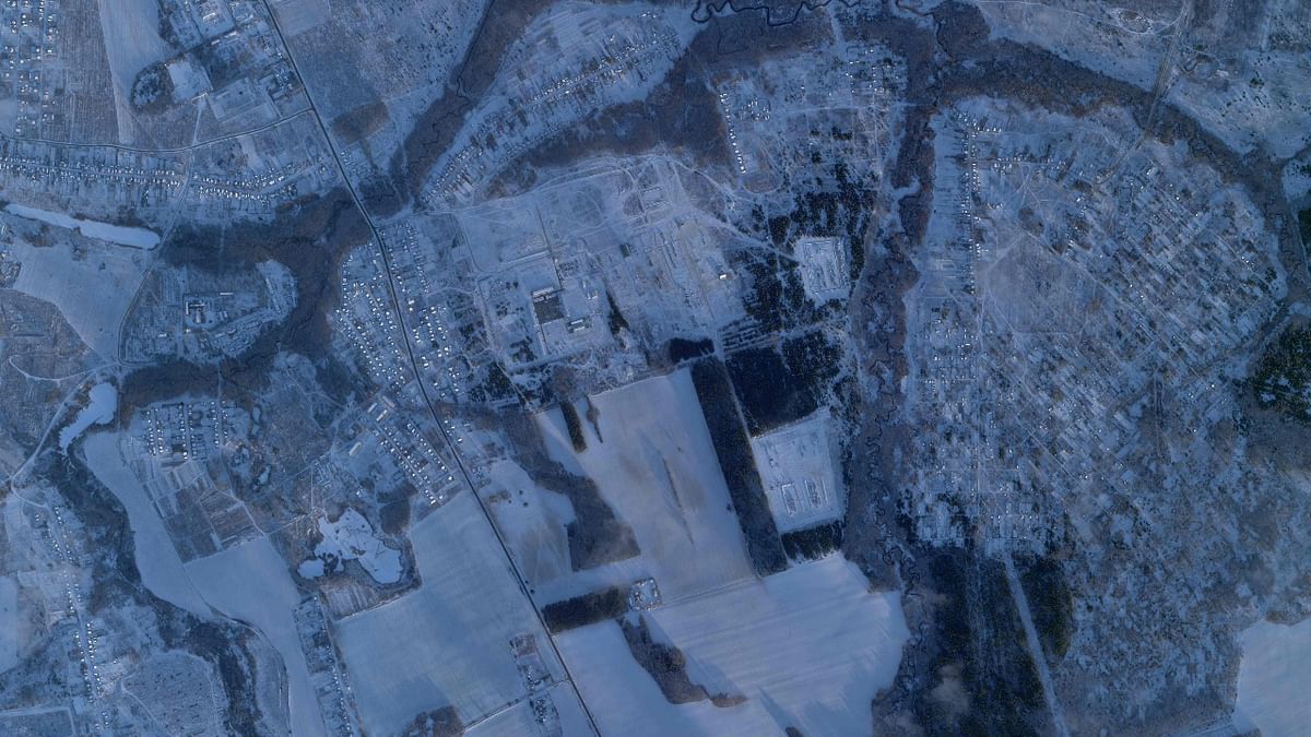 A handout satellite photo made available on February 1, 2022 by Planet Labs PBC shows military vehicles stationed at Klintsky training camp, Russia. Credit: AFP Photo