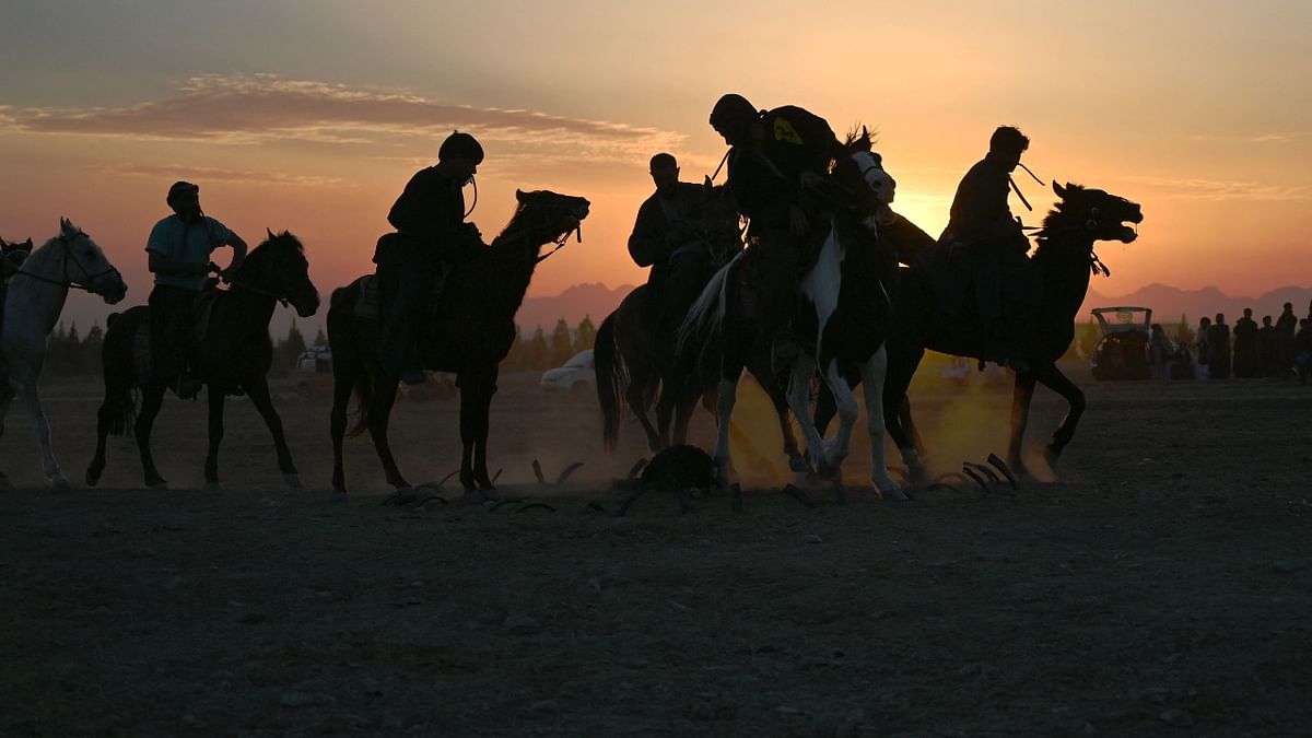 Horsemen compete during buzkashi, a Central Asian sport in which horse-mounted players attempt to place a decapitated animal carcass in a goal, in Herat. Credit: AFP Photo