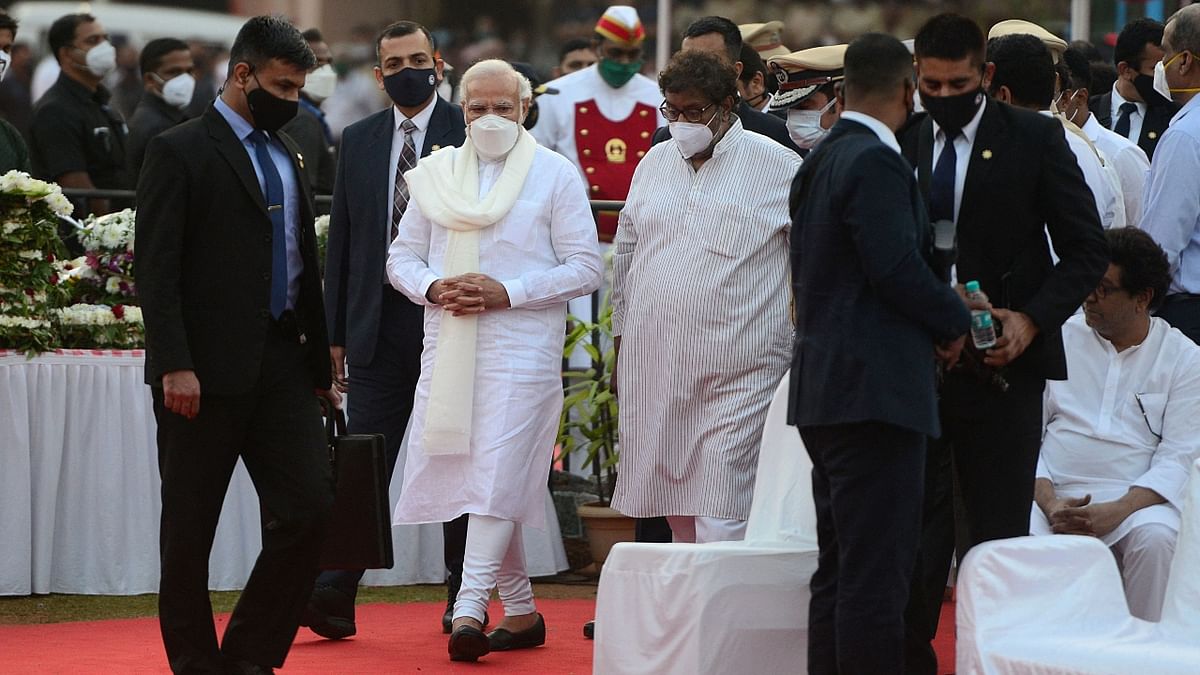 Prime Minister Narendra Modi arrives for the state funeral ceremony of late Bollywood singer Lata Mangeshkar who died in Mumbai. Credit: PTI Photo