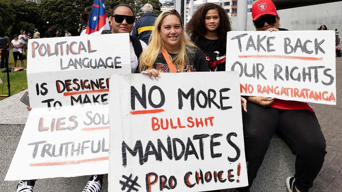 Protesters hold placards as they gather in front of the parliament building in Wellington during a demonstration against Covid restrictions. Credit: AFP photo