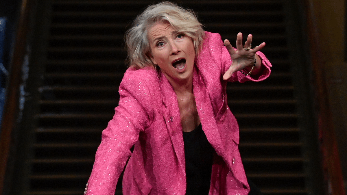 British actress Emma Thompson jokingly crawls up the stairs at the Friedrichstadt-Palast as she makes her way to the screening of the film 'Good Luck to You, Leo Grande' by Australian director Sophie Hyde, presented in the Berlinale Special Gala section, during the 72nd Berlinale Film Festival in Berlin. Credit: AFP Photo