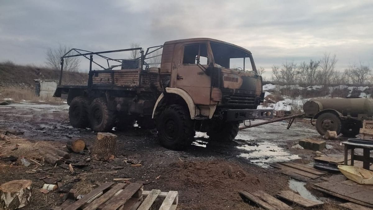 A military truck is seen destroyed by the shelling near the village of Novotoshkivske in the Luhansk region, Ukraine. Credit: Reuters Photo