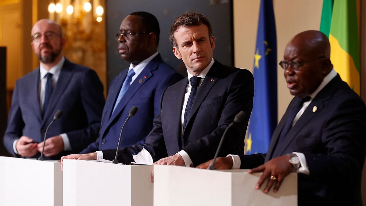 French President Emmanuel Macron (2-R), flanked by Ghana's President Nana Afuko Addo (R), Senegal's President Macky Sall (2-L), and European Council President Charles Michel (L), holds a joint press conference on France's engagement in the Sahel region, at the Elysee Palace in Paris. Credit: AFP Photo