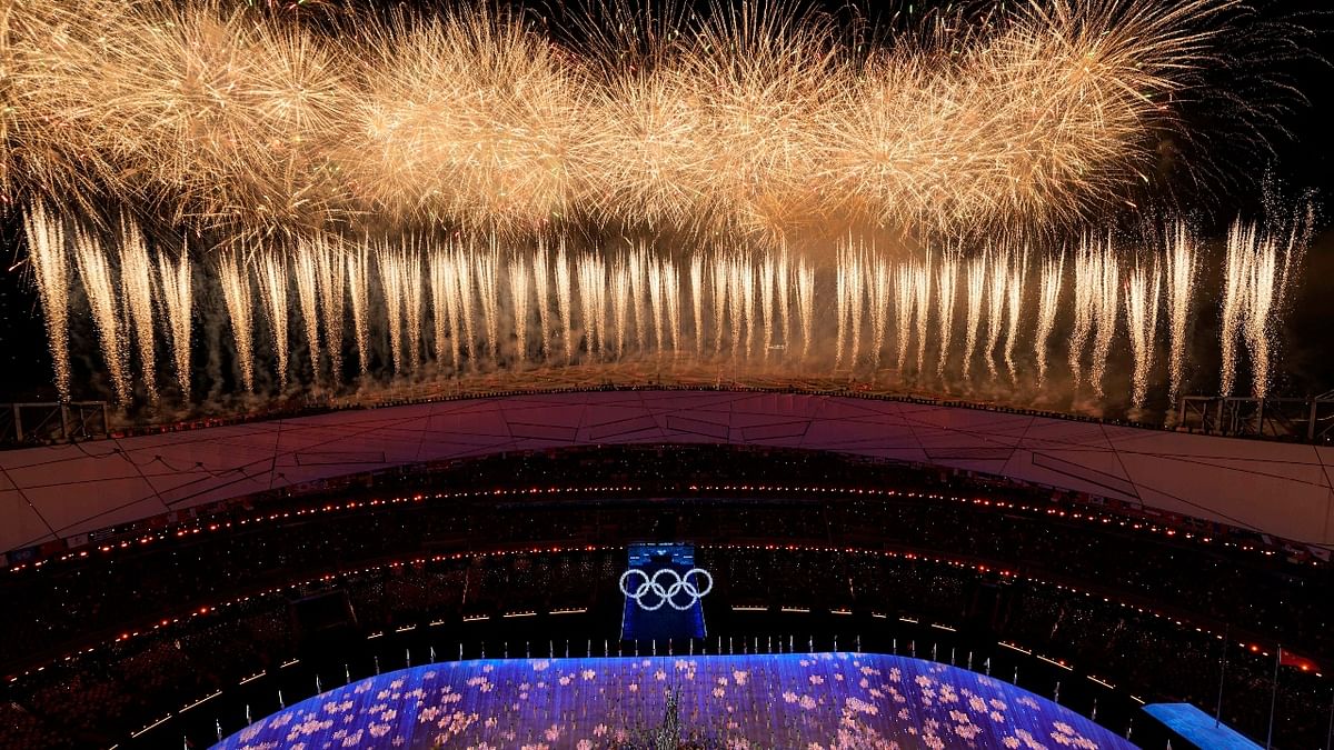 Fireworks light up the sky over Olympic Stadium during the closing ceremony of the 2022 Winter Olympics in Beijing. Credit: AP Photo