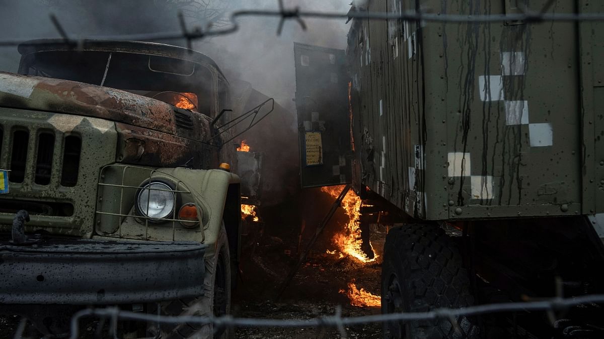 Ukrainian military track burns at an air defence base in the aftermath of an apparent Russian strike in Mariupol, Ukraine. Credit: AP Photo