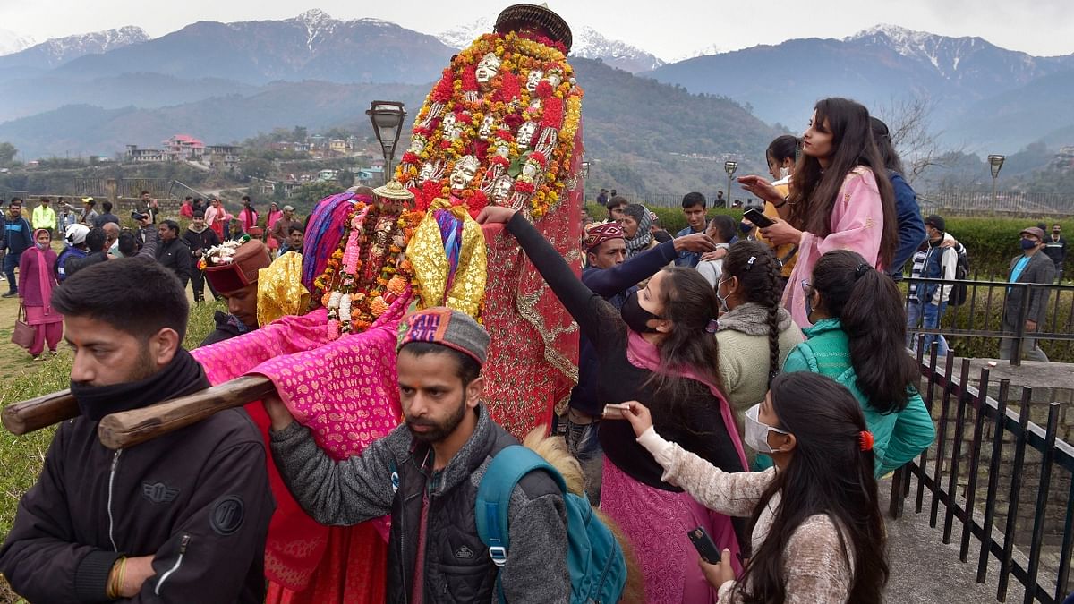 Devotees participate in a Shiv Barat procession at Baba Baijnath temple, on the occasion of Maha Shivratri, in Kangra, Himachal Pradesh. Credit: PTI Photo