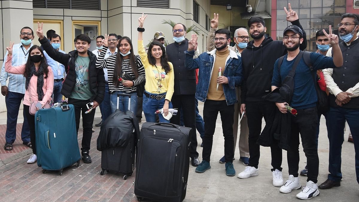 So far, over 1,000 Indian nationals have been safely evacuated. The country has have further ramped up the efforts to evacuate the remaining nationals stuck in Ukraine. In this photo, students are seen happily posing for the photographers after returning safely to India. Credit: PTI Photo