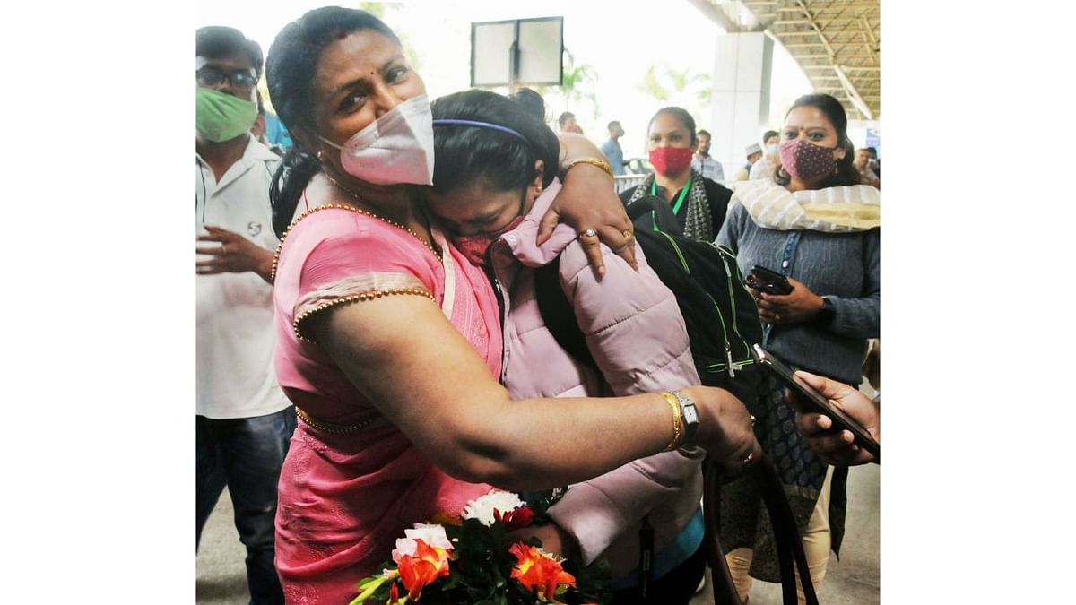 Indian student evacuated from war-torn Ukraine reunites with her family members on her arrival at Birsa Munda International Airport in Ranchi. Credit: PTI Photo