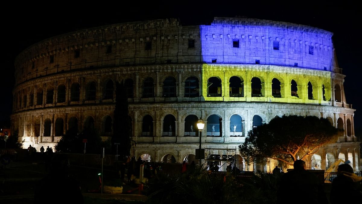 Rome's ancient Colosseum was lit in the colours of the Ukrainian flag. Credit: Reuters Photo