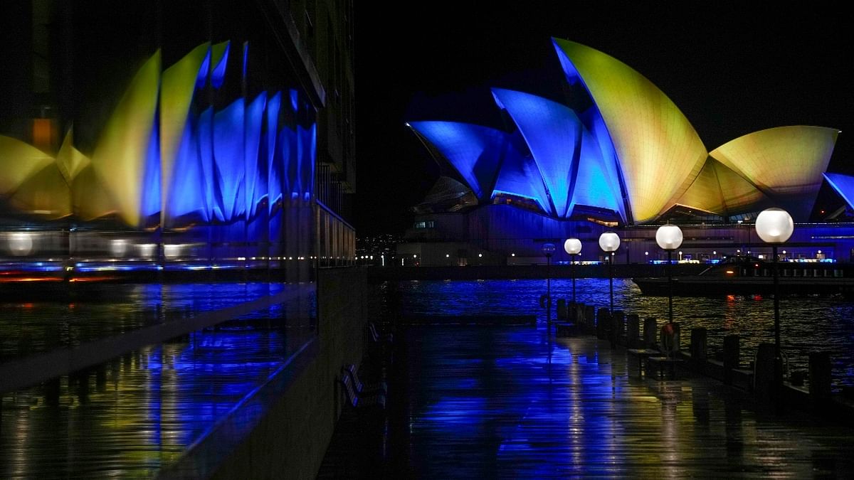 Australia’s Sydney Opera House was also lit in the blue and yellow, the colours of the Ukrainian flag. Credit: AP Photo