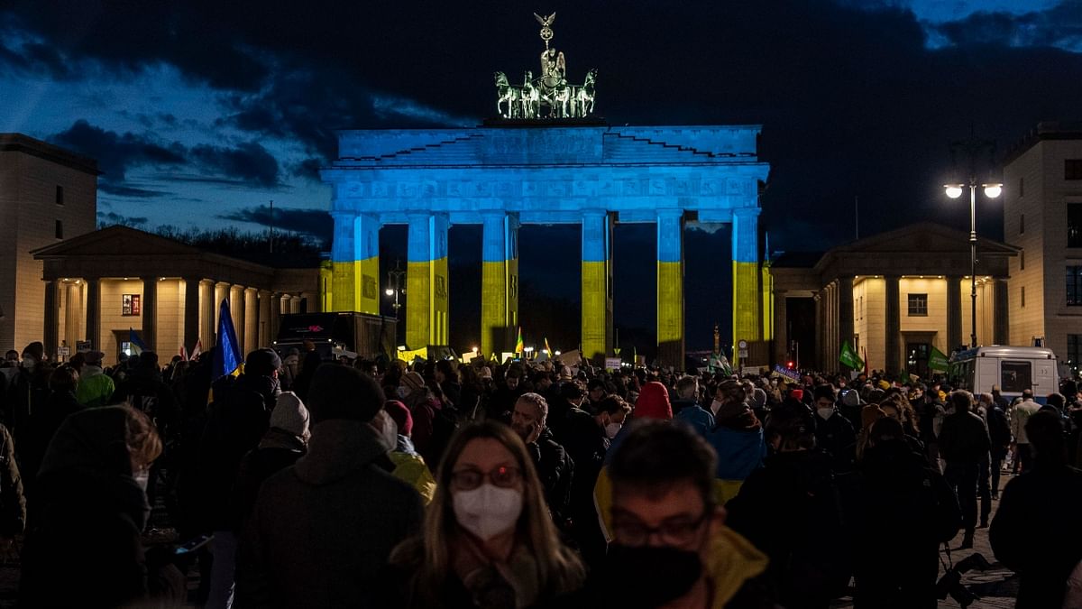 Berlin’s most famous monument, the 18th-century neoclassical Brandenburg Gate, also lit up in Ukraine’s national colours in Germany. Credit: AP Photo