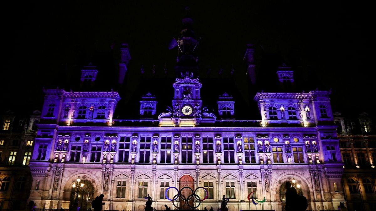 Paris City Hall lights up in the colours of the Ukraine flag, in support of the Ukrainian people, following Russia's decision to recognise separatists and send troops to their aid, in Paris, France. Credit: Reuters Photo