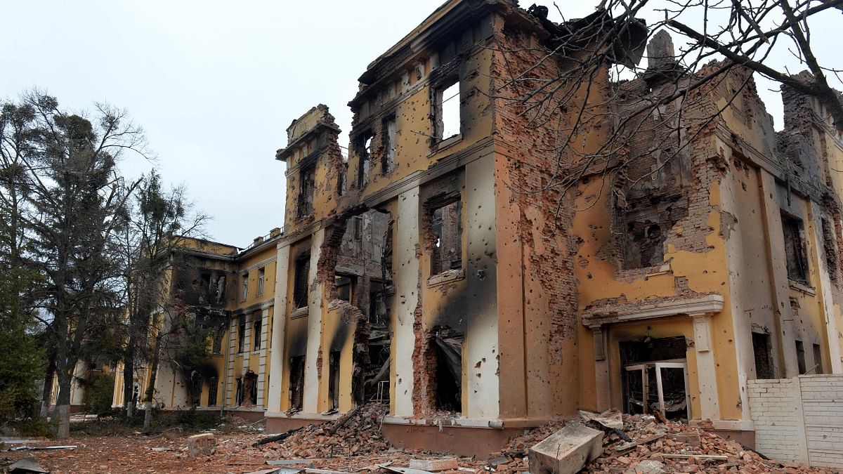 A view of a school destroyed in the Russian attack, in Kharkiv, Ukraine. Credit: AFP Photo