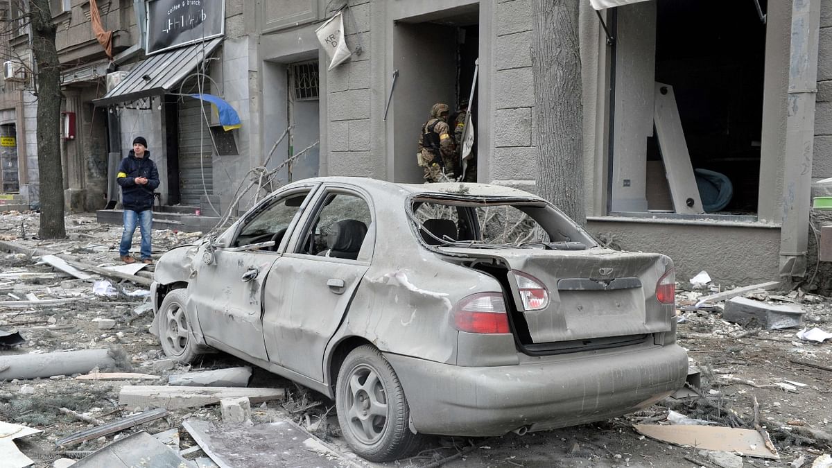 A view of the local city hall of Kharkiv which was destroyed in Russian troop shelling. Credit: AFP Photo