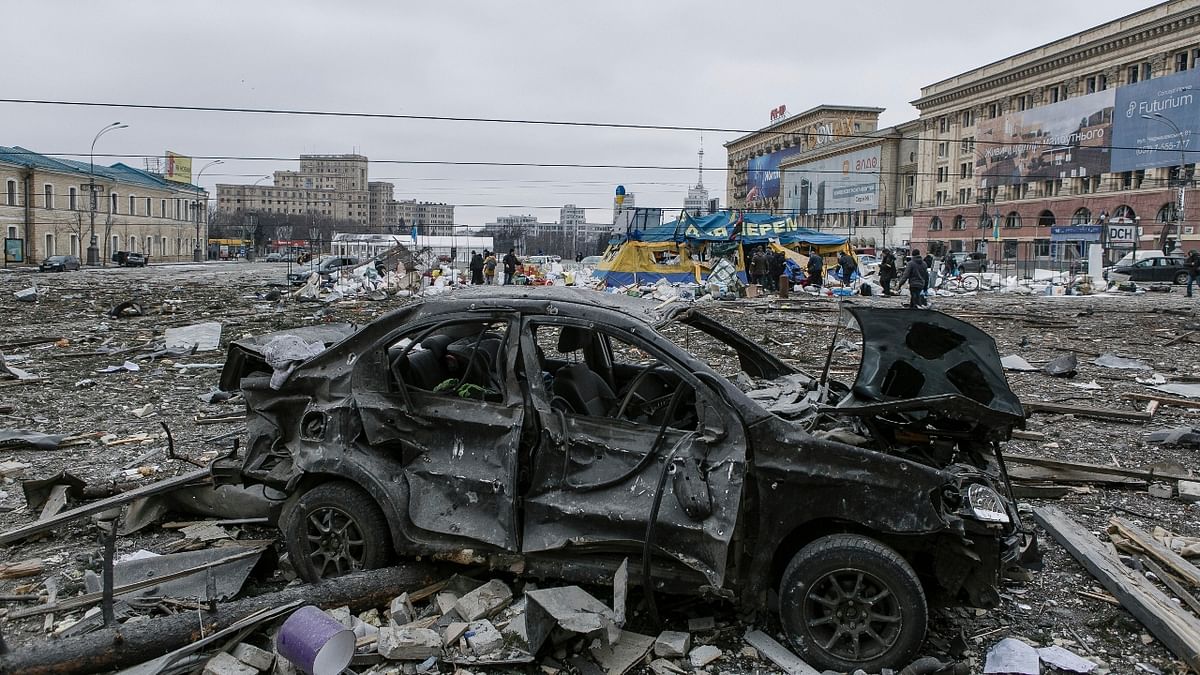 Destruction at the central square following the shelling by the Russian forces in Kharkiv, Ukraine. Credit: AP Photo