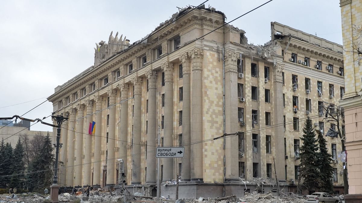 A missile also hit the square in front of a regional government building in Kharkiv, Ukraine's second-largest city and former capital as Russia's scaled its military operation in Ukraine. Credit: AFP Photo