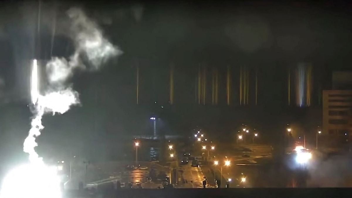Surveillance camera footage shows a flare landing at the Zaporizhzhia nuclear power plant during the Russian shelling in Enerhodar, Ukraine. Credit: Reuters Photo