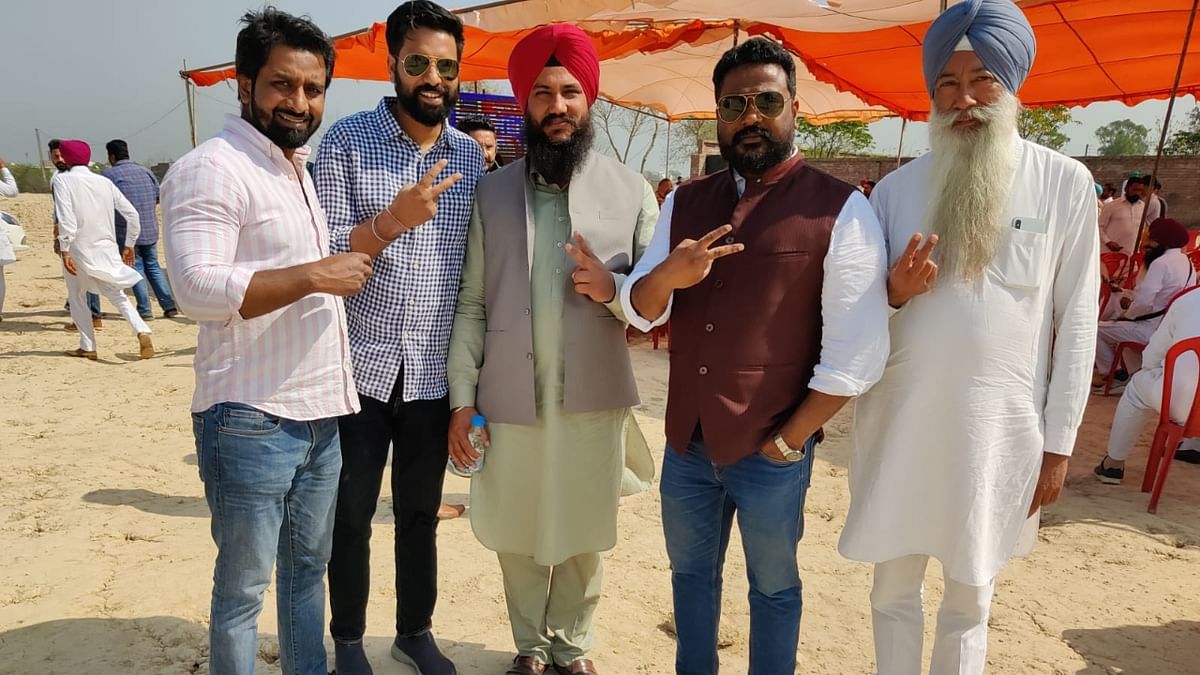 Punjab's Youth Joint Secretary Inderjeet Singh Gill with Delhi's OBC vice-president Jaivir Singh, Rohit Mehra and Adil Ahmed in Moga where their candidate Dr Amandeep Kaur Arora emerged as the winner. Credit: Special Arrangement