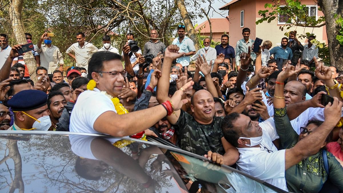Goa Health Minister and BJPs candidate from Valpoi constituency Vishwajeet Rane being greeted by supporters, during counting day of Goa elections, at a counting centre in Panaji. Credit: PTI Photo