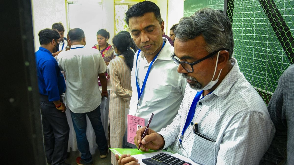 Goa Chief Minister Pramod Sawant during counting day of Goa elections, at a counting centre in Panaji. Credit: PTI Photo