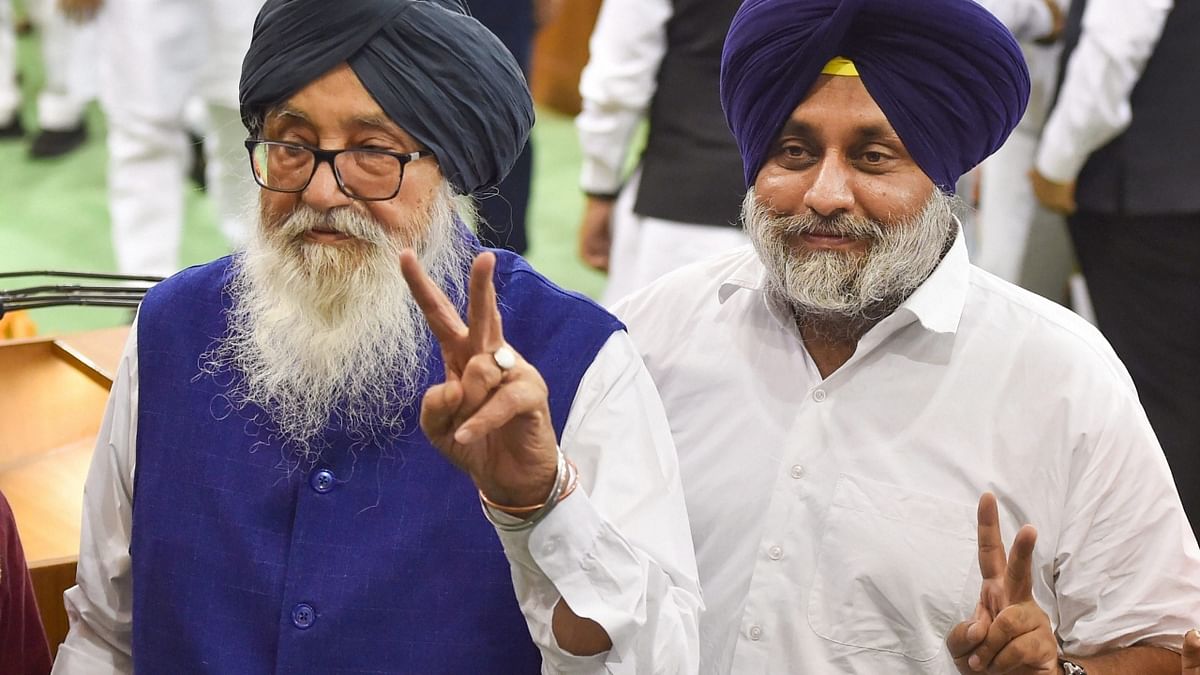 Sukhbir Singh Badal & Parkash Singh Badal | Shiromani Akali Dal | In a big blow to the party, which ruled Punjab several times, fell by the wayside. Credit: PTI Photo