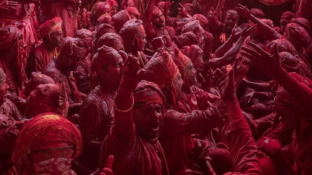 Traditional Lathmar Holi was celebrated with fervour in Mathura’s Barsana over the weekend amid a splash of colours and festival songs. Credit: AFP Photo