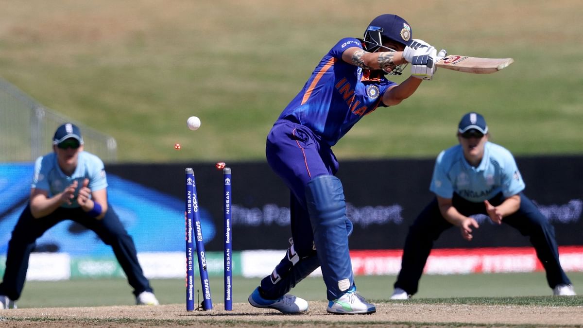 India’s Yastika Bhatia is clean bowled by England's Anya Shrubsole during their 2022 Women's Cricket World Cup match. Credit: AFP Photo