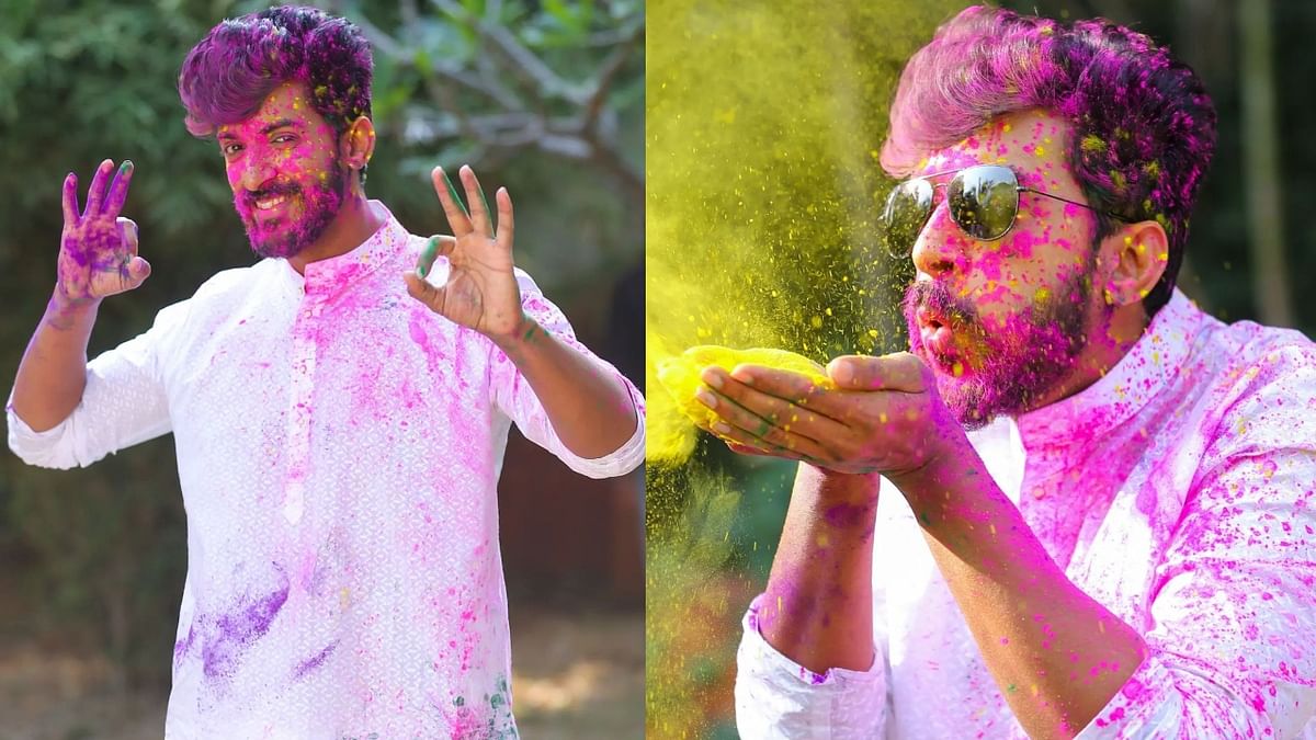 Actor Sharath Padmanabh also shared a series of pictures with his face smeared with colours to wish fans on Holi. Credit: Instagram/sharath_padmanabh