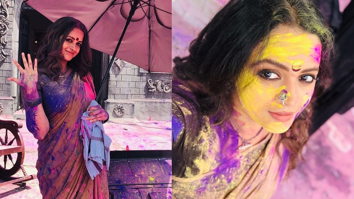 Bhavana Menon went down memory lane and posted these working stills from her film Bhajarangi 2 to wish everyone on Holi. Credit: Instagram/bhavzmenon