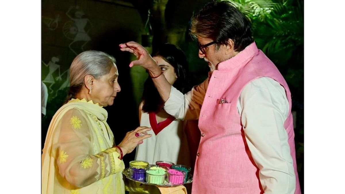 Bollywood film megastar Amitabh Bachchan with his wife Jaya Bachchan celebrates the festival of Holi, in Mumbai. Credit: Instagram/@amitabhbachchan