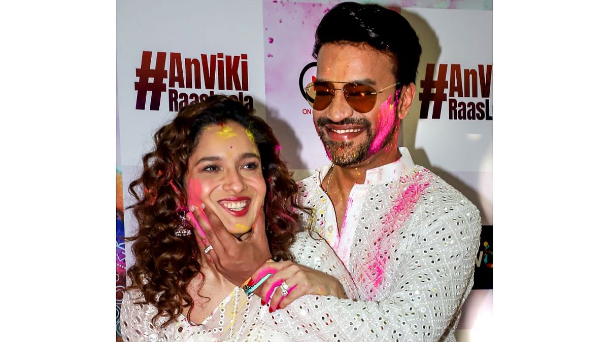Actress Ankita Lokhande with her husband Vicky Jain celebrates Holi in Mumbai. Credit: PTI Photo