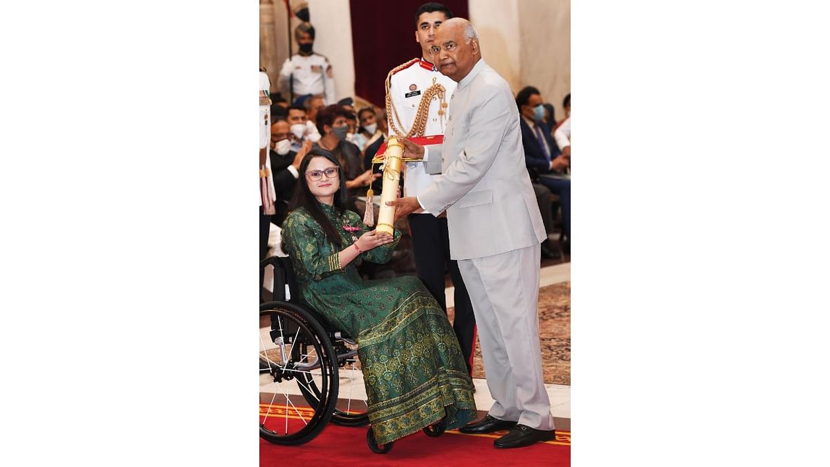Tokyo Paralympics double medallist shooter Avani Lekhara received the Padma Shri for her excellent show last year. Lekhara won a gold medal in the 10m air rifle standing event and a bronze in the 50m rifle 3 positions event. Credit: PTI Photo
