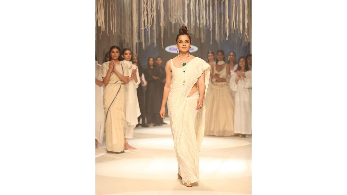 Actor Kangana Ranaut turned showstopper for the FDCI Khadi presentation at FDCI x Lakme Fashion Week. Credit: Instagram/fdciofficial