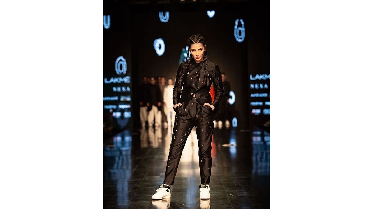 Actor Shruti Haasan was the stunning showstopper for Adidas originals X Antar-Agni at FDCI x Lakmé Fashion Week. Credit: Instagram/lakmefashionwk