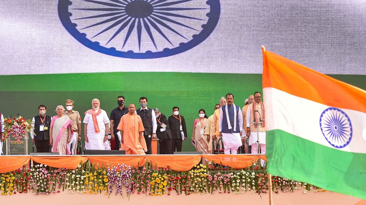 Uttar Pradesh Governor Anandiben Patel administered the oath to Adityanath. The BJP-led alliance had won 273 of 403 seats in the just-concluded Uttar Pradesh Assembly polls. While the BJP got 255 seats, its allies Nishad Party and the Apna Dal (S) bagged 18. Credit: PTI Photo