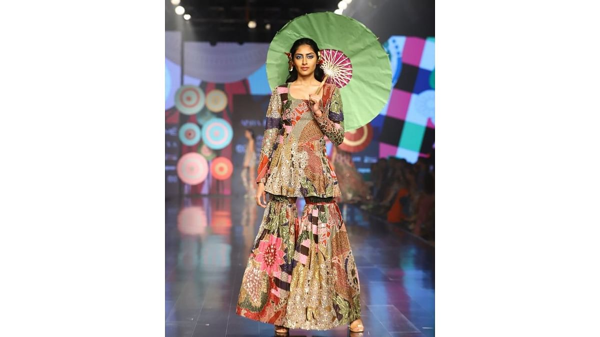 Dreamy prints and intricate sequin detailing found place in Aisha Rao's lineup. Credit: Instagram/lakmefashionwk