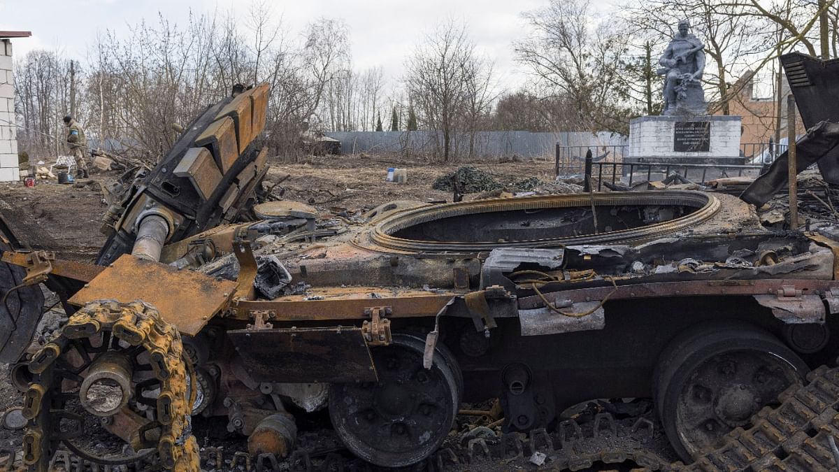 The wreck of a Russian tank is seen in the village of Lukyanivka outside Kyiv, as Russia's invasion of Ukraine continues. Credit: Reuters Photo