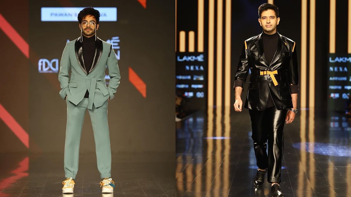 Aparshakti Khurana and Raghav Chadha walked the ramp for designer Pawan Sachdeva at FDCI x Lakme Fashion Week. Credit: Instagram/lakmefashionwk