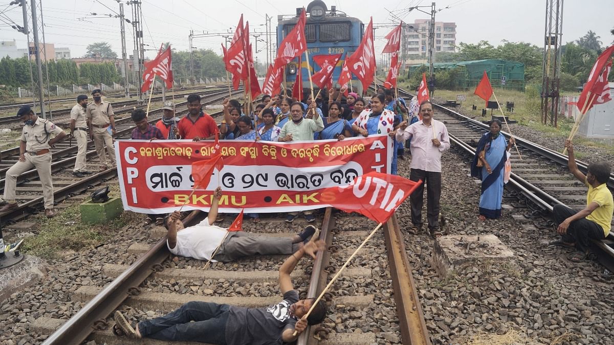 In Bhubaneshwar, Trade Union members halted train movements at some railway stations. Credit: PTI Photo