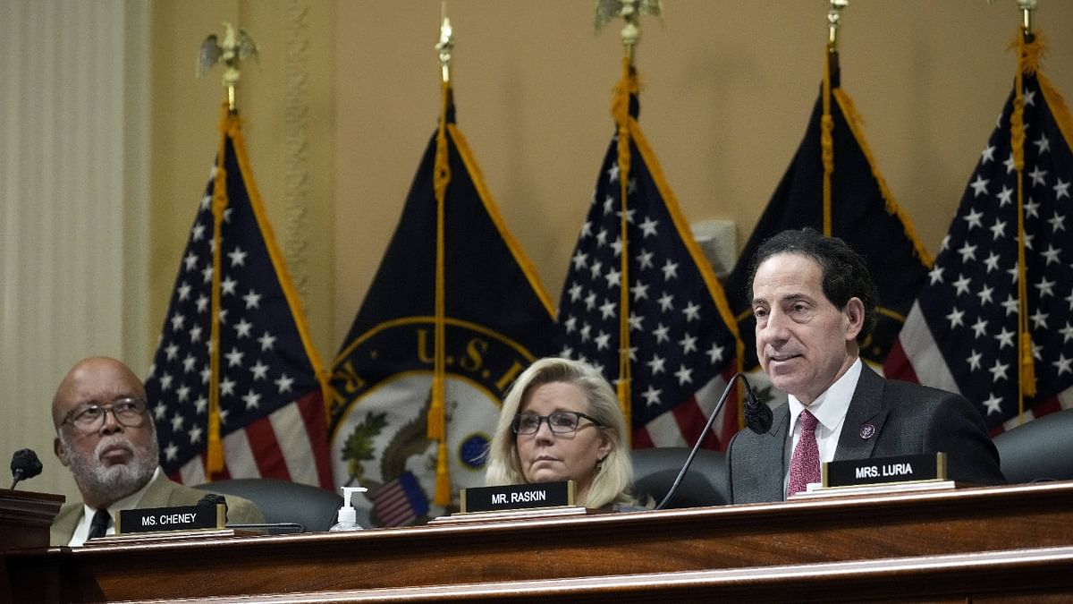 Rep Jamie Raskin (D-MD) (R) speaks alongside Rep Liz Cheney (R-WY) and Rep Bennie Thompson (D-MS), chair of the Select Committee to Investigate the January 6th Attack on the US Capitol. Credit: AFP Photo