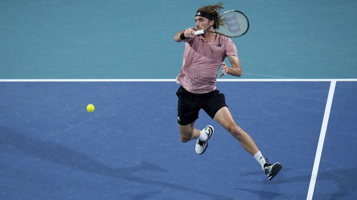 Stefanos Tsitsipas of Greece returns a shot to Alex DeMinaur of Australia during the Men’s Singles match on Day 8 of the 2022 Miami Open. Credit: AFP Photo