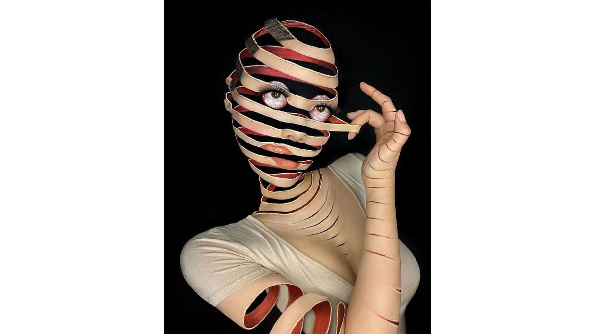 Ribbon face concept which she created in 2016 is one of the most viral make-ups that left the netizens awestruck. Credit: Instagram/mimles
