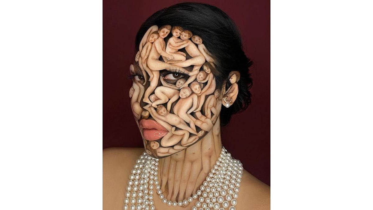 A face paint which was inspired from Italian painter Giuseppe Arcimboldo’s “Portrait of Eve”, 1578. Credit: Instagram/mimles