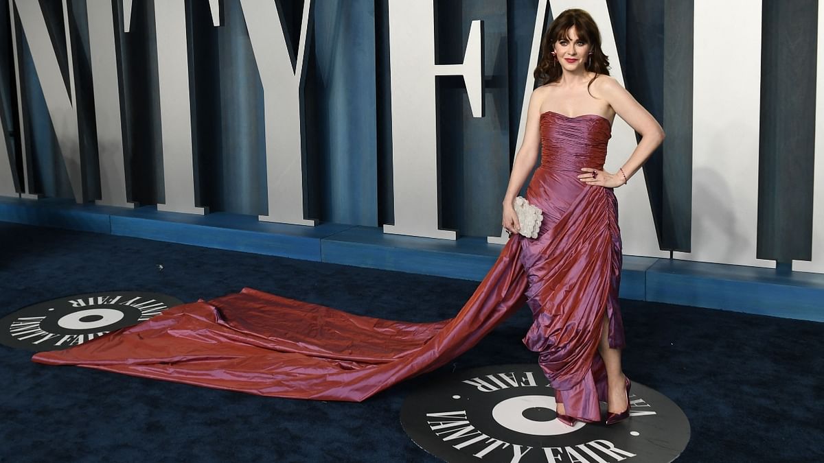 American actress Zooey Deschanel wore an ensemble by Christopher John Rogers. Credit: AFP Photo
