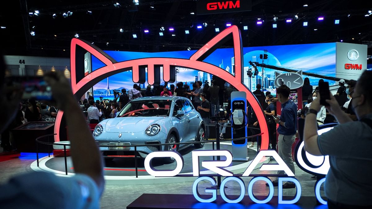 While many global car-makers displayed EVs, there were long queues to take a peek inside Great Wall Motor's competitively priced 'ORA Good Cat' model. Credit: Reuters Photo
